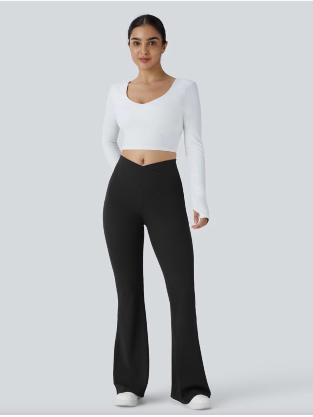 HALARA Women's Black V-Waist Flare Pants (Ribbed)